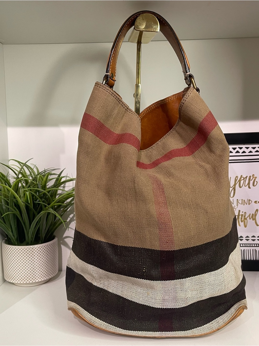 Burberry Ashby Beige Canvas Shoulder Bag with Black, White & Red Stripes